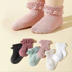 Baby Girl's Solid Lace Trim Floor Socks, Anti-skid Cotton Socks With Dot Glue